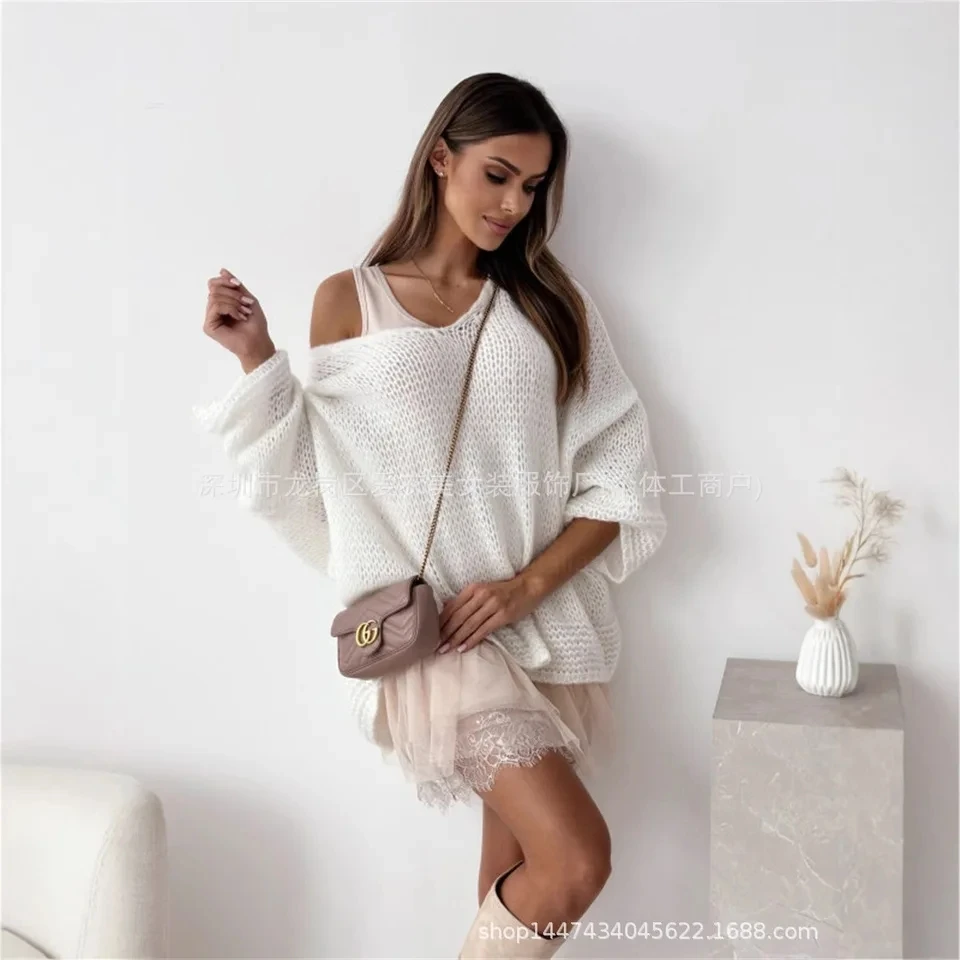 

2025 New Loose Slim V Neck Long Sleeve Pullover Sweater Women Lazy Style Solid Color Versatile Nine Colors Optional