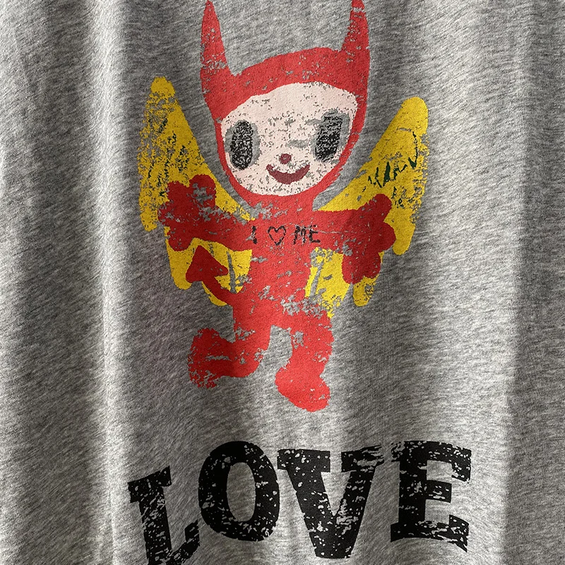 رمادي تي شيرت المرأة طاقم الرقبة القطن تيز سيدة عادية الشيطان دمية تي شيرت الإناث قصيرة الأكمام البلوز فضفاض الصيف الكتان المحملة #5