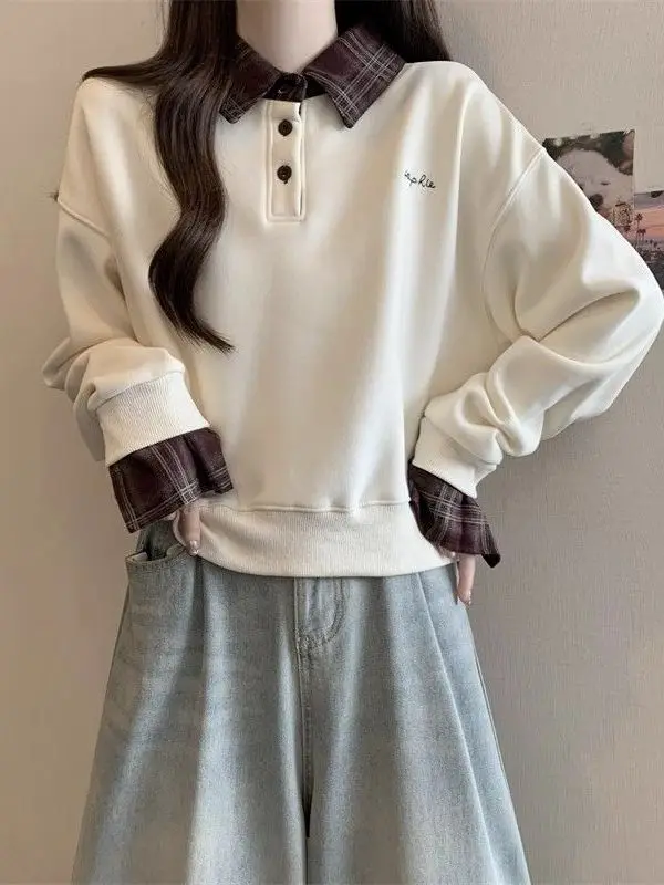 

Ранняя осень 2024, новый лоскутный длинный свитшот с воротником, женский весенне-осенний орто-топ, корейский Sle Thiened Lette...