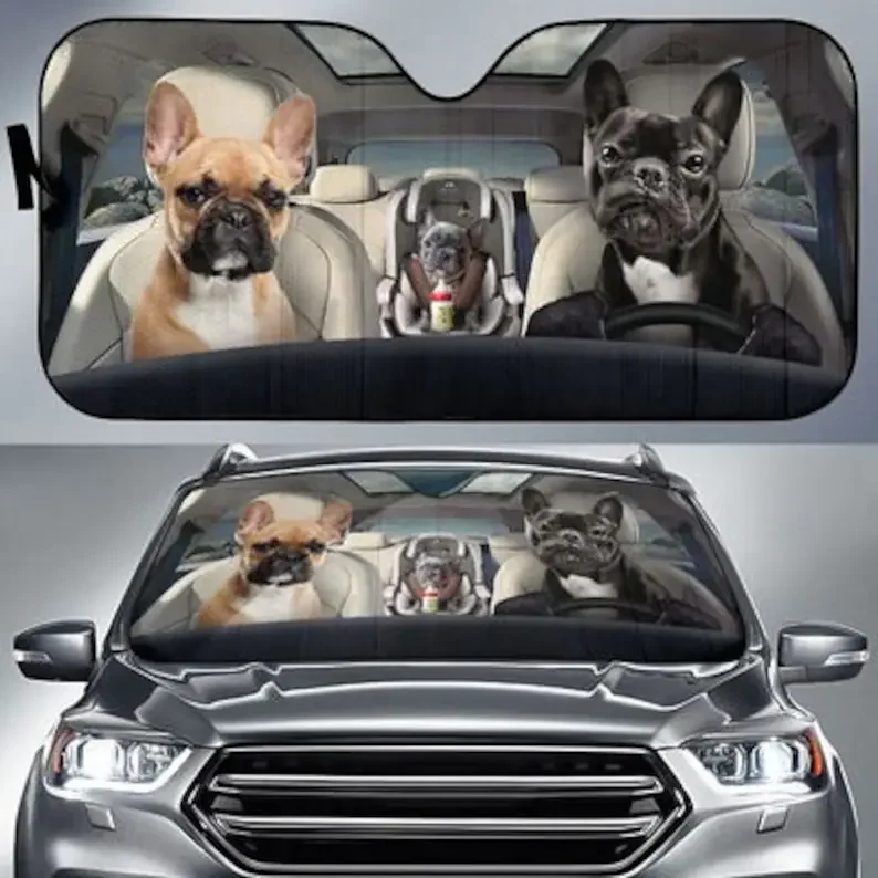 

Three French Bulldogs Safe And Driver Auto Sun Shade Windshield Sunshade, Custom Animal Pattern Sunshade,STYLE FOR CAR