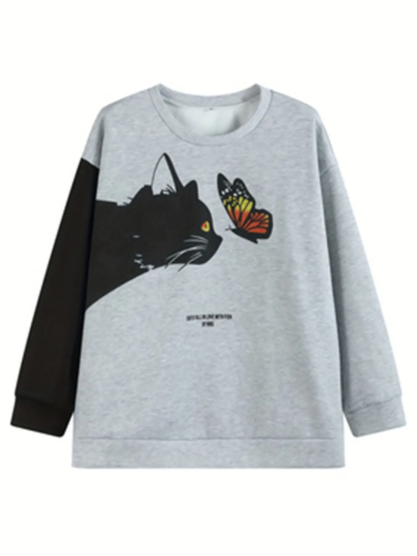 Camisola de manga comprida com gola redonda feminina, com estampa carta e gato e borboleta, tamanho positivo, camisola casual