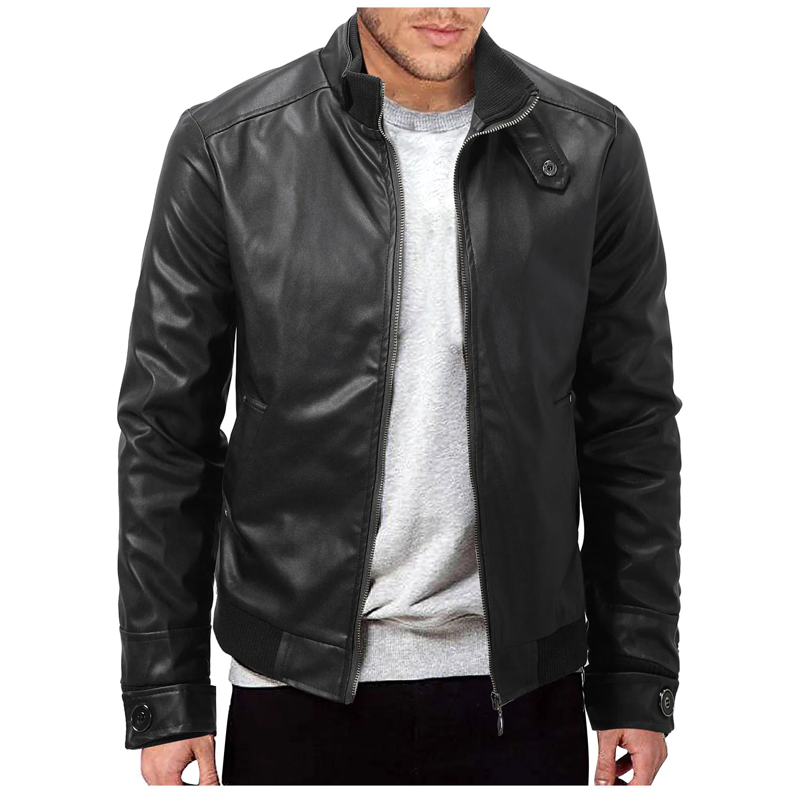 Spring Autumn Short Cool Black Leather Biker Jacket Men Zipper Long Sleeve Belt Plus Size European Fashion brand leather jackets