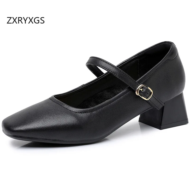 

ZXRYXGS 2025: элегантная модная женская обувь из натуральной кожи с квадратным носком на среднем каблуке, большой размер 43, маленький размер 31 Tide