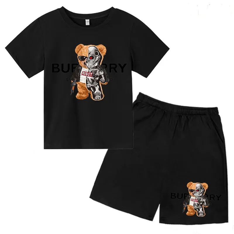 Camiseta con estampado de oso de máquina para niños y niñas, Top preescolar y pantalones cortos, 2P, 3-13 años, regalo de cumpleaños, moda informal,