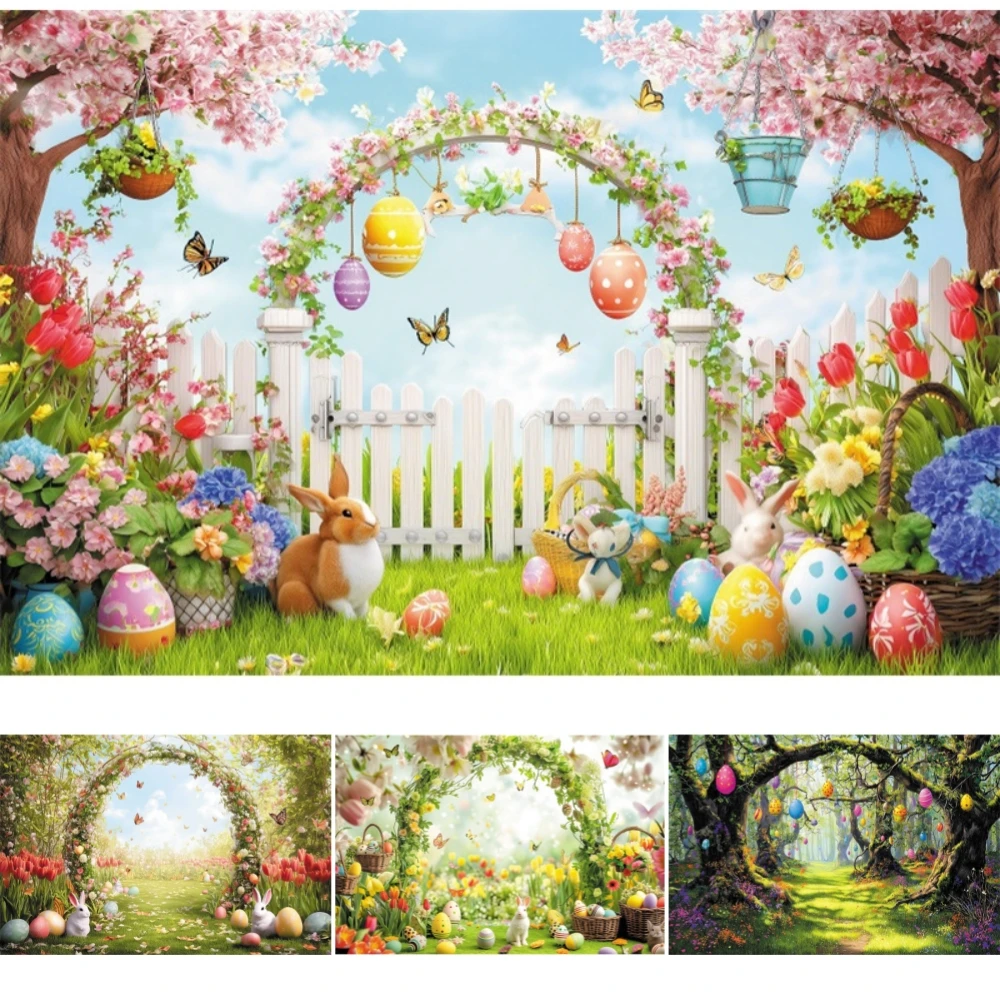 

Spring Easter Garden Arch Background Flower Color Eggs Dreamy Kids Family Party Decor Backdrop Photography Studio Props