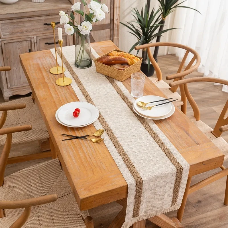 American Style Cotton Linen Color Matching Tassel Table Runner Striped Rhombus Print Table Cover Towel Home Decor Table Runner
