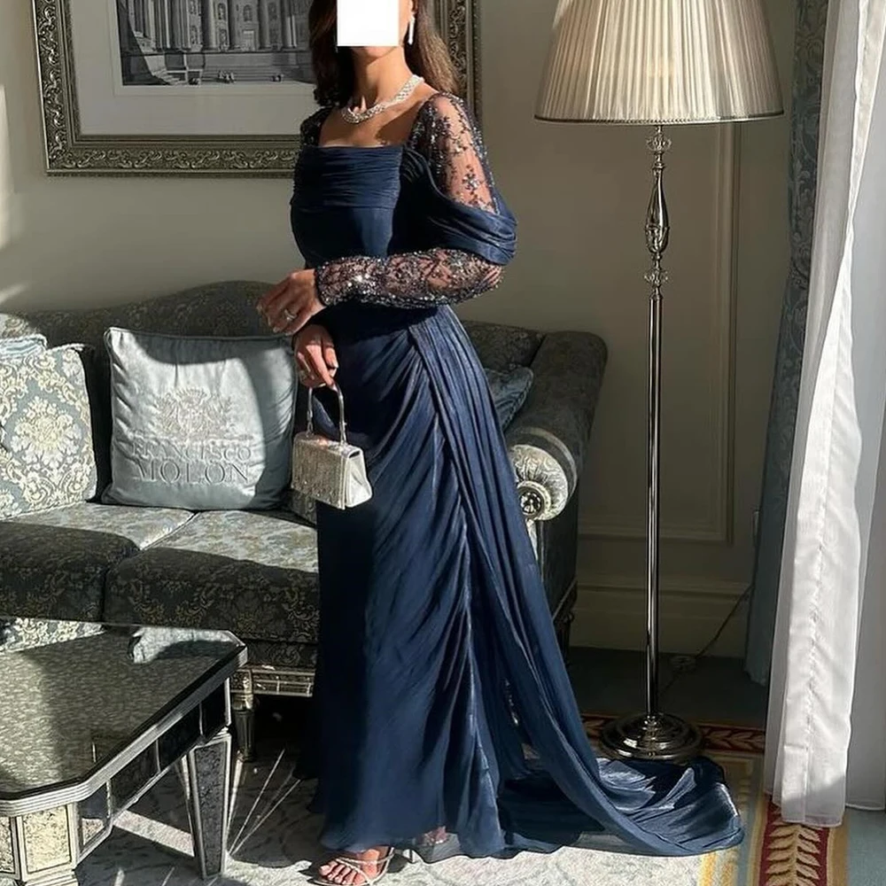 

A-Line Square Neck Chiffon Full Sleeves Panel Train Contrast Color Pleats Sequined Zipper Back Evening Dresses Saudi Arabia 2024