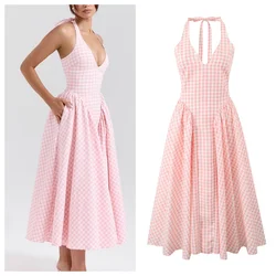 French lady deep V-neck halter neck backless lace-up plaid dress female temperament slim long A-line skirt