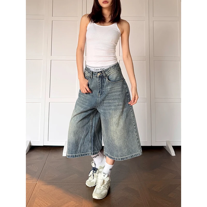 YIBASHU Women Y2k Blue Shorts Jeans Harajuku Style Baggy Denim Trouser Vintage Boyfriend Oversize Pants Japanese 2000s Clothes