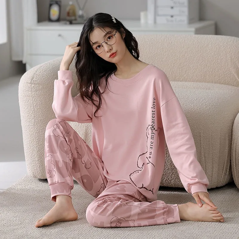 Women Pajamas Spring Autumn New Female Cotton Long Sleeve Sweet Round Collar Home Wear Two-Piece Casual Loose Sleepwear Set 2024