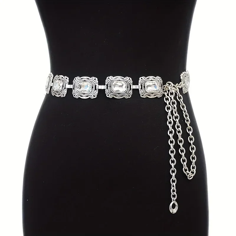 Boho Engraved Metal Chain Belt Rhinestone Inlaid Vintage Waist Chain Women\'s Coat Dress Tassel Chain Accessories