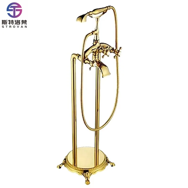

Free-Standing Telephone Bathtub Mixers Faucet Gold Shower Spray Set with Stainless Steel Ceramic Valve Core Floor Mount