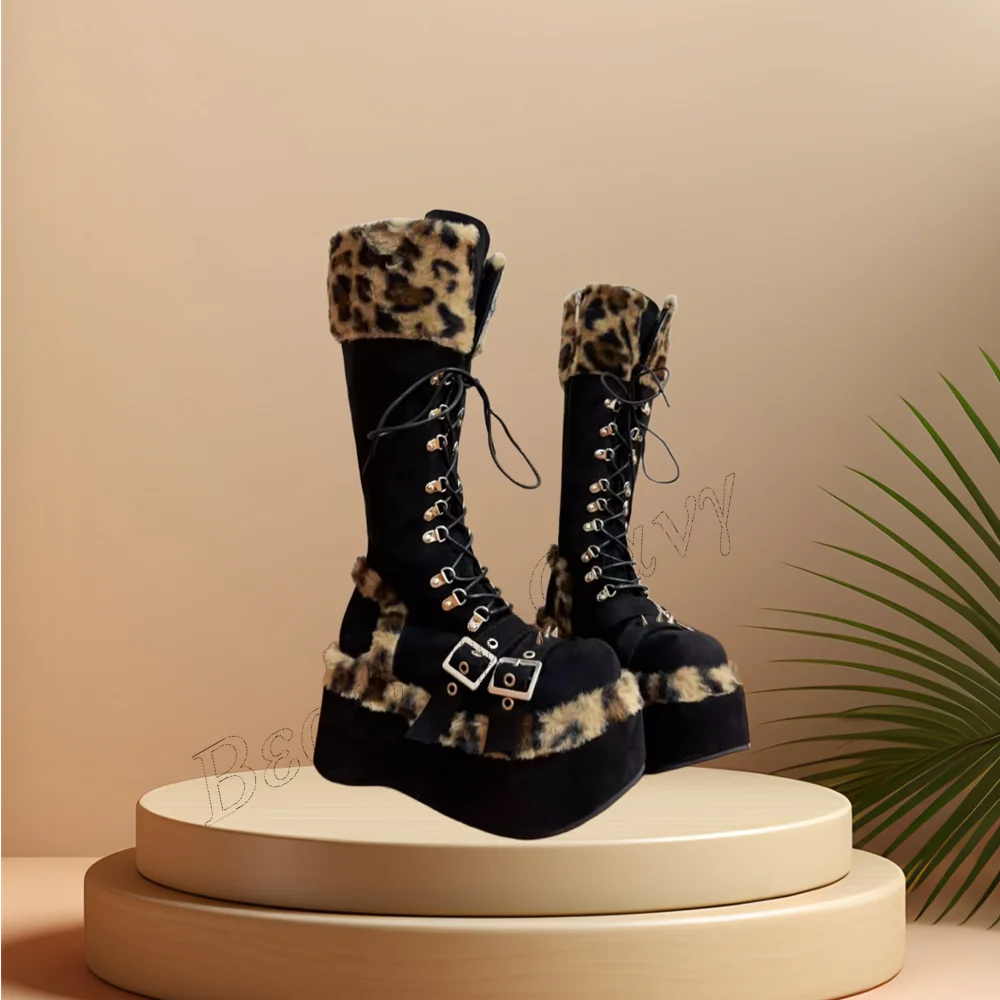 Leopard Buckle Decor Boots Front Cross Tied Lace up Shoes Thick High Heel Shoes for Women High Heel 2023 New Zapatillas Mujer