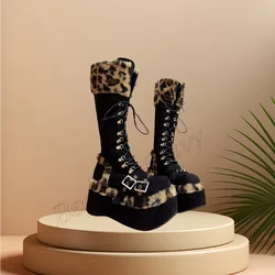 Leopard Buckle Decor Boots Front Cross Tied Lace up Shoes Thick High Heel Shoes for Women High Heel 2023 New Zapatillas Mujer