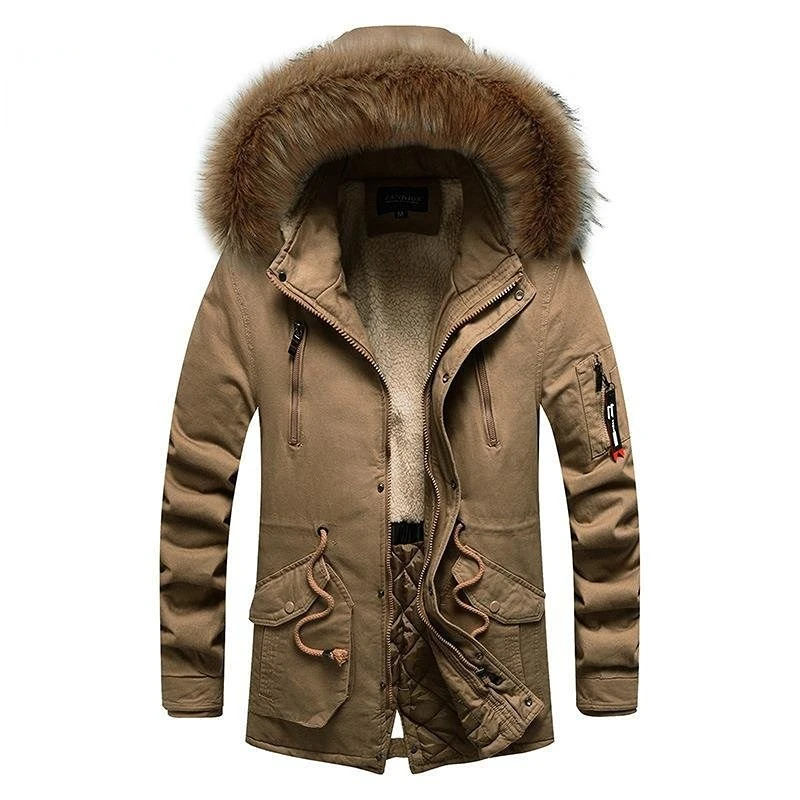 Gola de pele de inverno mais veludo engrossado lavado jaqueta masculina casual com capuz quente parka masculino multi-bolso zíper casacos de comprimento médio