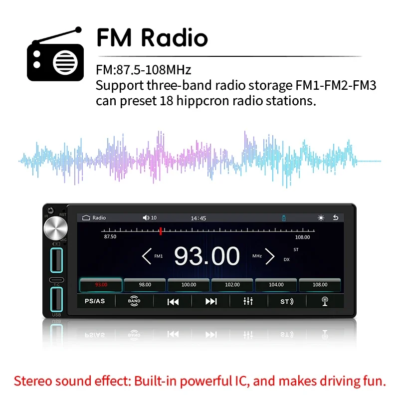 HIPPCRON Car Radio 6.86" Wireless Carplay Android Auto 1Din Car Stereo Multimedia Video BT5.0 FM USB Type-C Charge MP5 Player