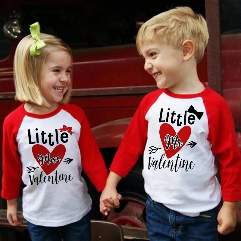 Little Miss Little Mr Valentine Printed T-shirt Valentine Boys Girls Raglan Clothes Tops Sibling Matching Outfit Kids Tee Shirt