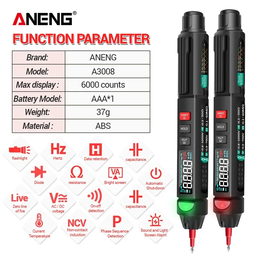 ANENG Digital Pen type Multimeter 6000 Counts Intelligent Professional Pen Tester A3008 Current Meter Non-Contact Voltmeter tool