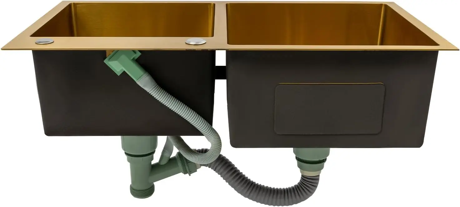 حوض مطبخ مزدوج الوعاء، حوض مطبخ من الفولاذ المقاوم للصدأ، حوض مطبخ ذهبي، أحواض مطبخ من الفولاذ المقاوم للصدأ مثبتة على الأعلى 31.5X17.72X8.6