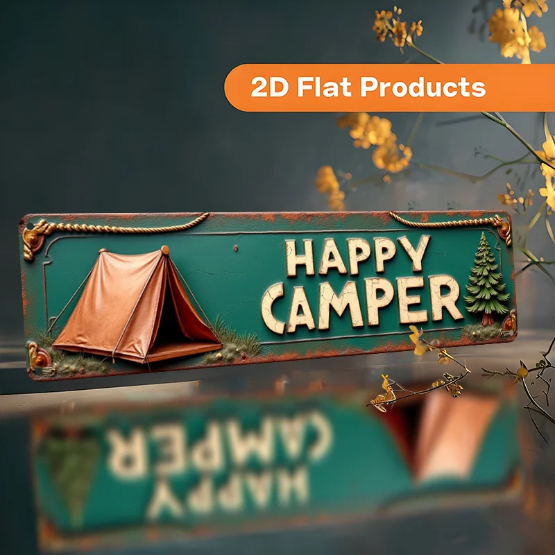 

2D Flat - A Decorative Aluminum Wall Sign in a Vintage Style That Reads 'HAPPY CAMPER', Measuring 10X40 Cm (3.9X15.7 Inches). Su