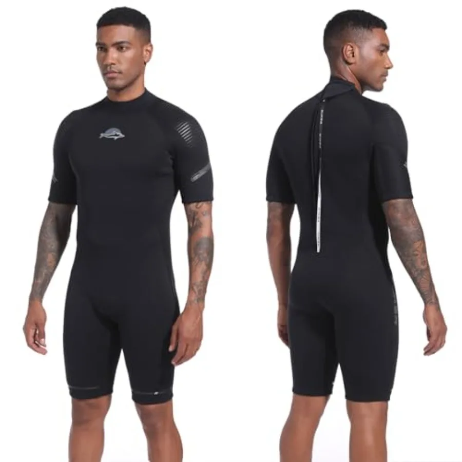 

Diving, neoprene, black, 3mm back zip shorty wetsuit for thermal protection in snorkeling, surfing, swimming