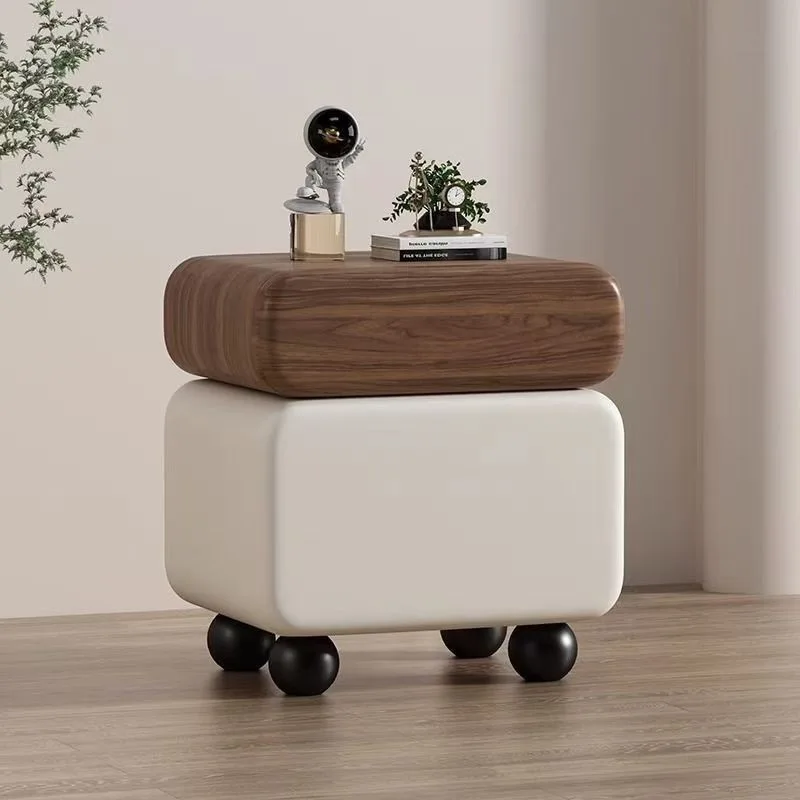 Modern Minimalist Two-tone Nightstand Walnut Wood Top Cream White Upholstered with Black Ball Legs Small Side Table for Bedroom