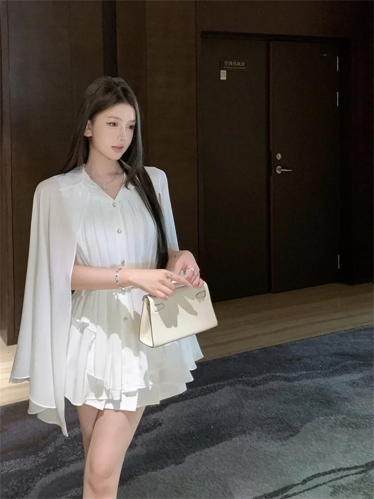 Chic Ladies Chiffon Cape Shirt Sets Women Pleated Blouse and Short Mini Skirt Sets Fashion Shawl Top Skirts Two Piece Outfits