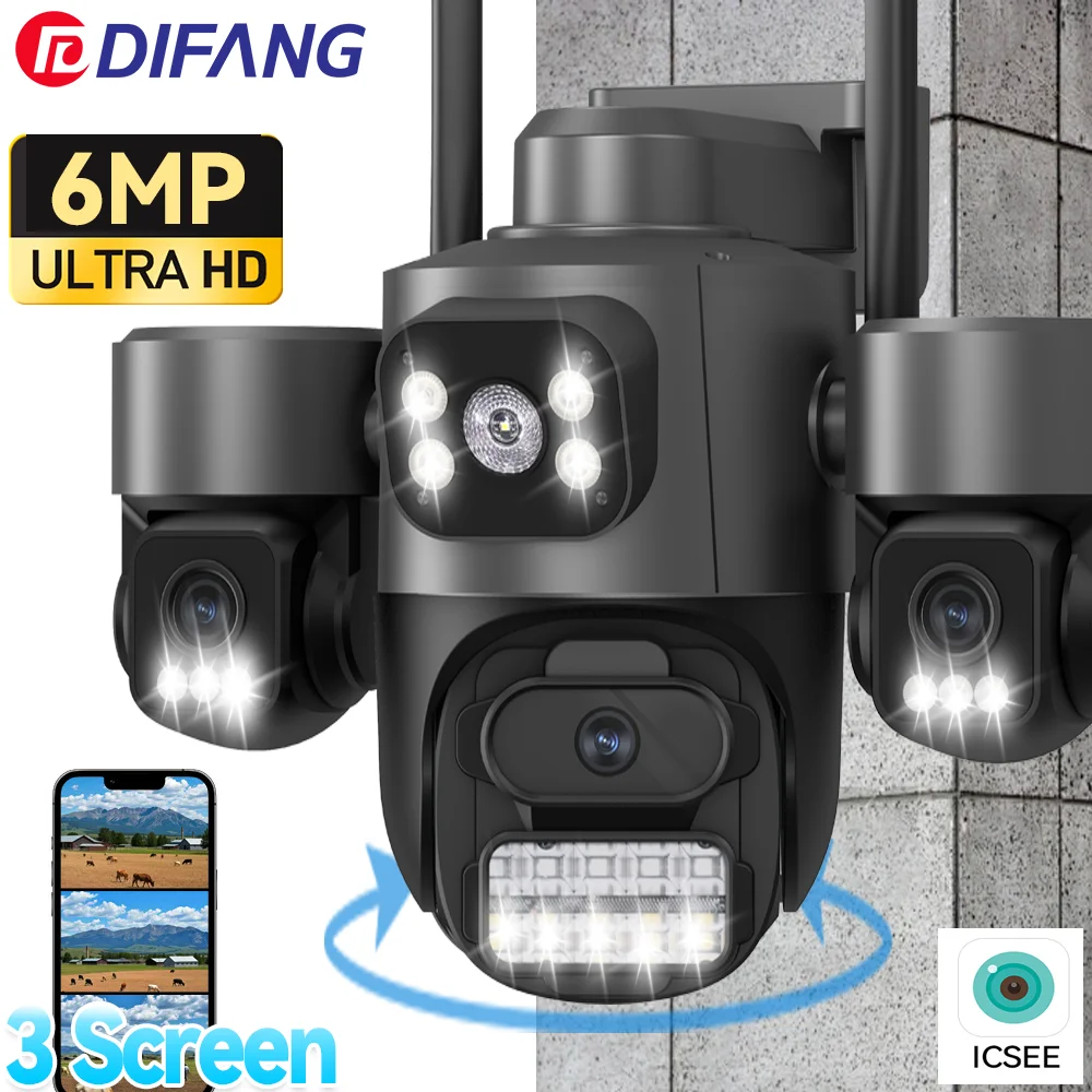ICsee 6MP Three Screen WiFi Camera Onvif Security Cameras Outdoor Three Lens Auto Tracking Waterproof Mini Surveillance IP Cam