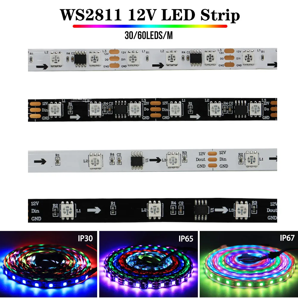 WS2811 DC12V 5050 RGB Led Strip Light Addressable 30LEDs/m 60LEDs/m External 1 IC Control 3 Leds Smart Led Light Tape 1-5M