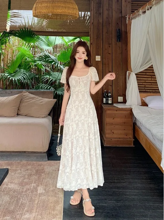 

plus Size Lace Short Sleeve Dress Korean Style A-Line Silhouette Hollow out Design Square Collar Slimming Waist Detail Summer...