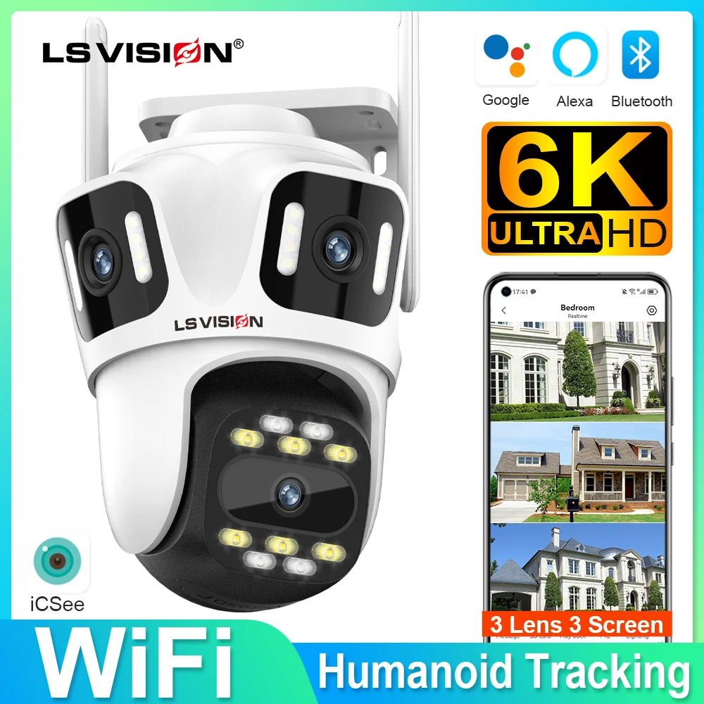 LS VISION 6k Wifi Surveillance Camera Outdoor 3 Lens Three Screen Security PTZ HD Ai Human Auto Tracking CCTV Video Cam ICsee