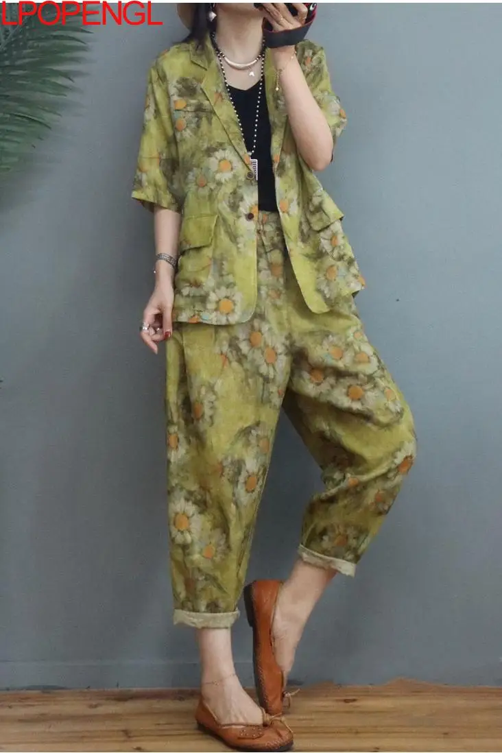 Spring And Summer Women's Ethnic Style Suit Retro Cotton And Linen Printing Single Breasted Coat Calf-length Pants Two-piece Set