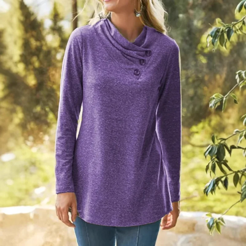 Sweat-shirt à manches longues pour femme, nouveau Style européen et américain, couleur unie, col ample, Design de boutons, automne hiver