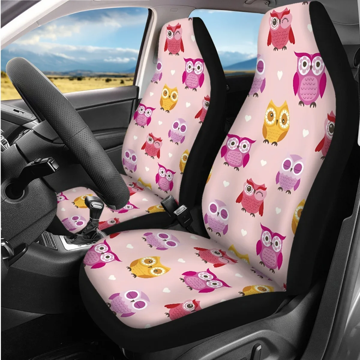 Auto Front Back Seat Cover Set Washable Non-slip   Seat Belt Steering Wheel High Quality Kawaii Candy Owl Interior Spare Parts