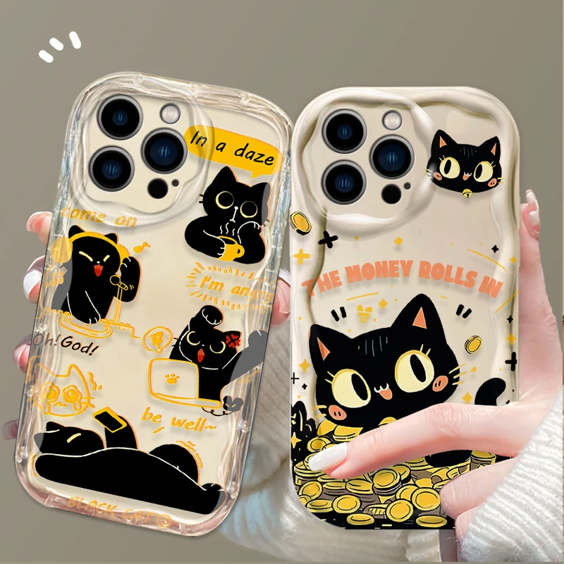 Cute Doodle Angry Black Cat Case For iPhone 16 15 14 13 12 11 Pro Max X XR XS 8 7 Plus SE 2020 Shockproof 3D Wave Silicone Cover