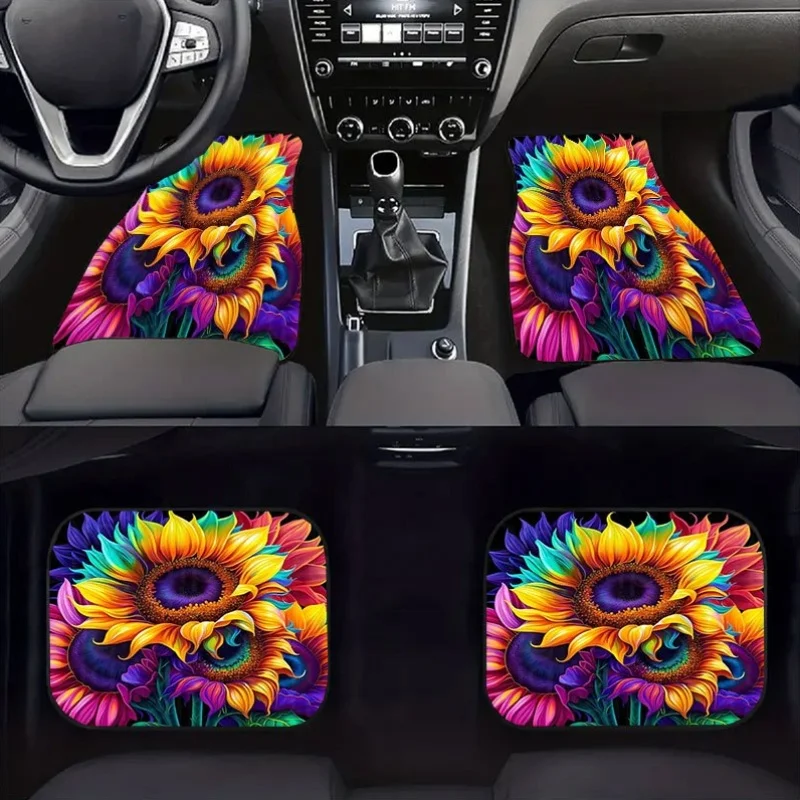 4pcs Colorful Sunflower Car Floor Mats, Universal Non-Slip Mats Made Of Crystal Velvet Material, Effectively Collects Hair, Keep