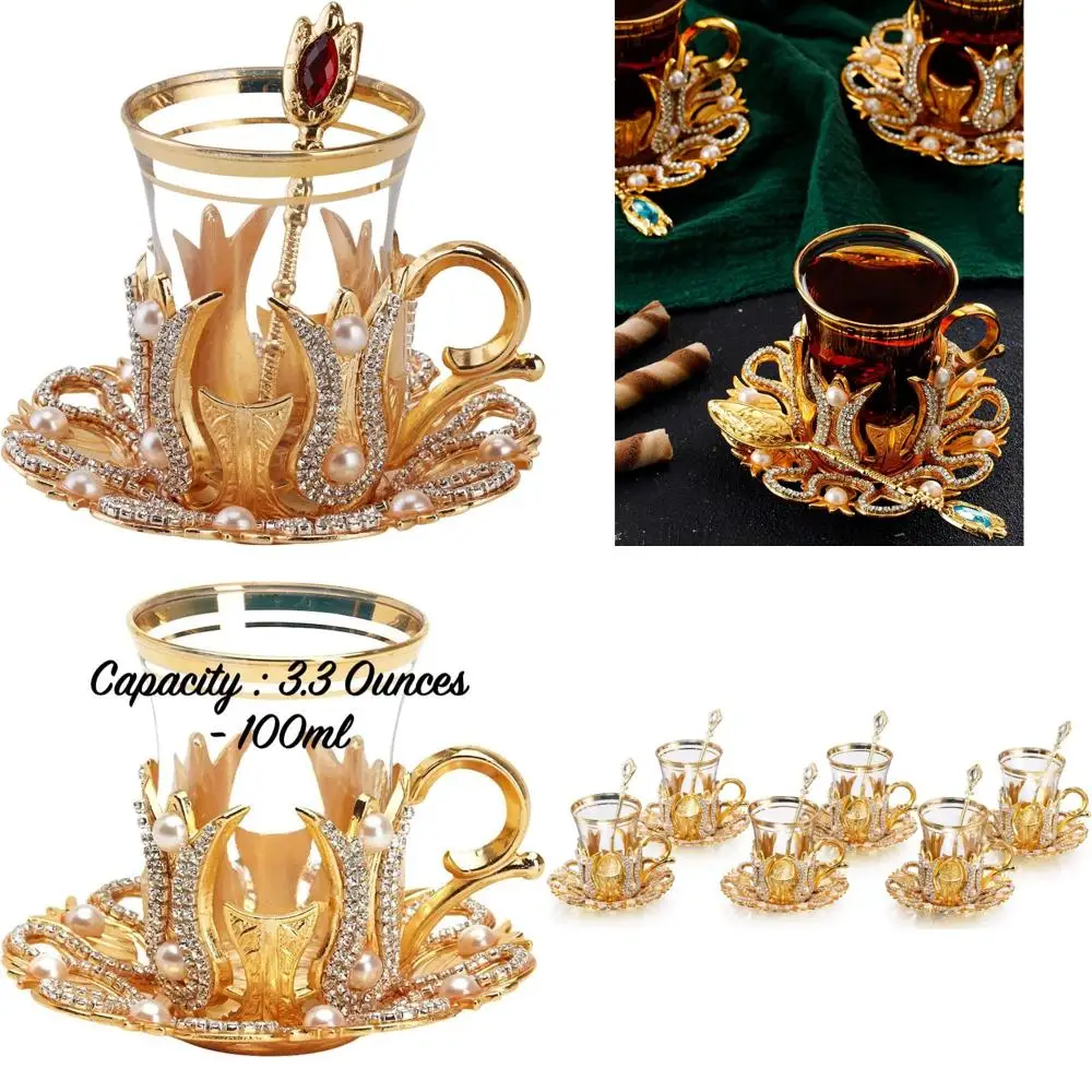 

Набор турецких стаканов для чая и кофе — 6 предметов с блюдцами, держателями и ложками, украшенными кристаллическими украшениями