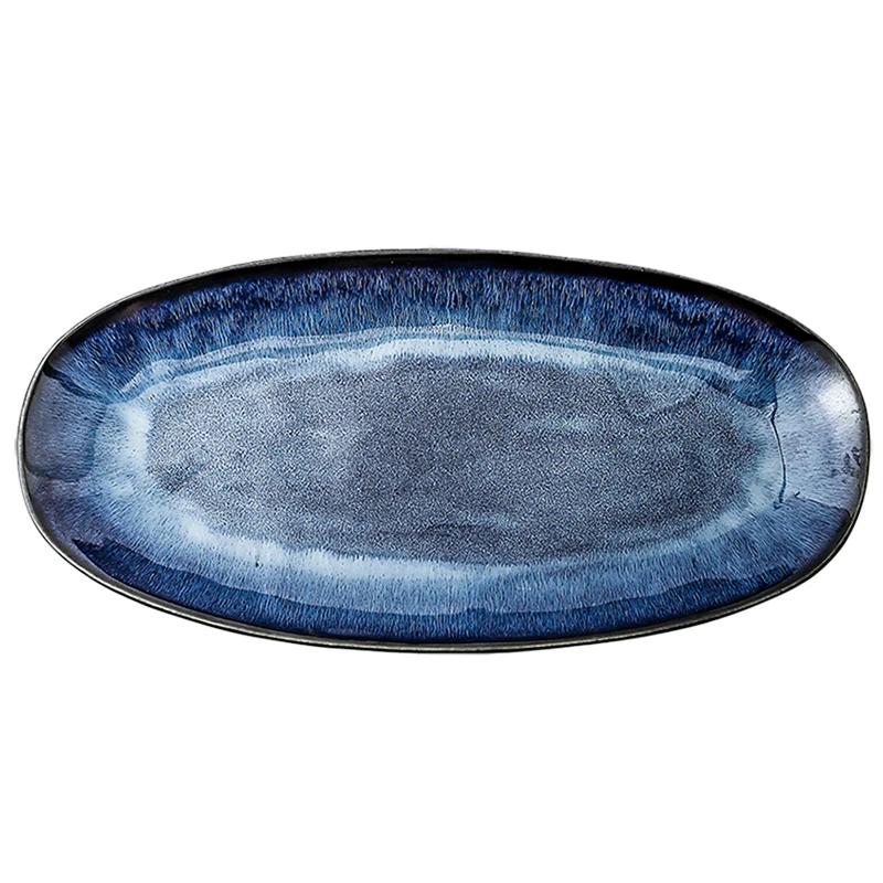 Japanese Style Kiln Cat Tye Blue Fish Plate Serving Platter Household Steamed Oval Dinner Plates Large Glaze Color Sushi Plate