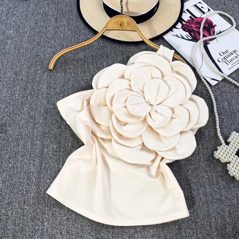 

Pure Desire Hot Girl Three-Dimensional Large Flower Asymmetrical Neck Single Shoulder Strap Vest For Women, Fashionable Slim Fit