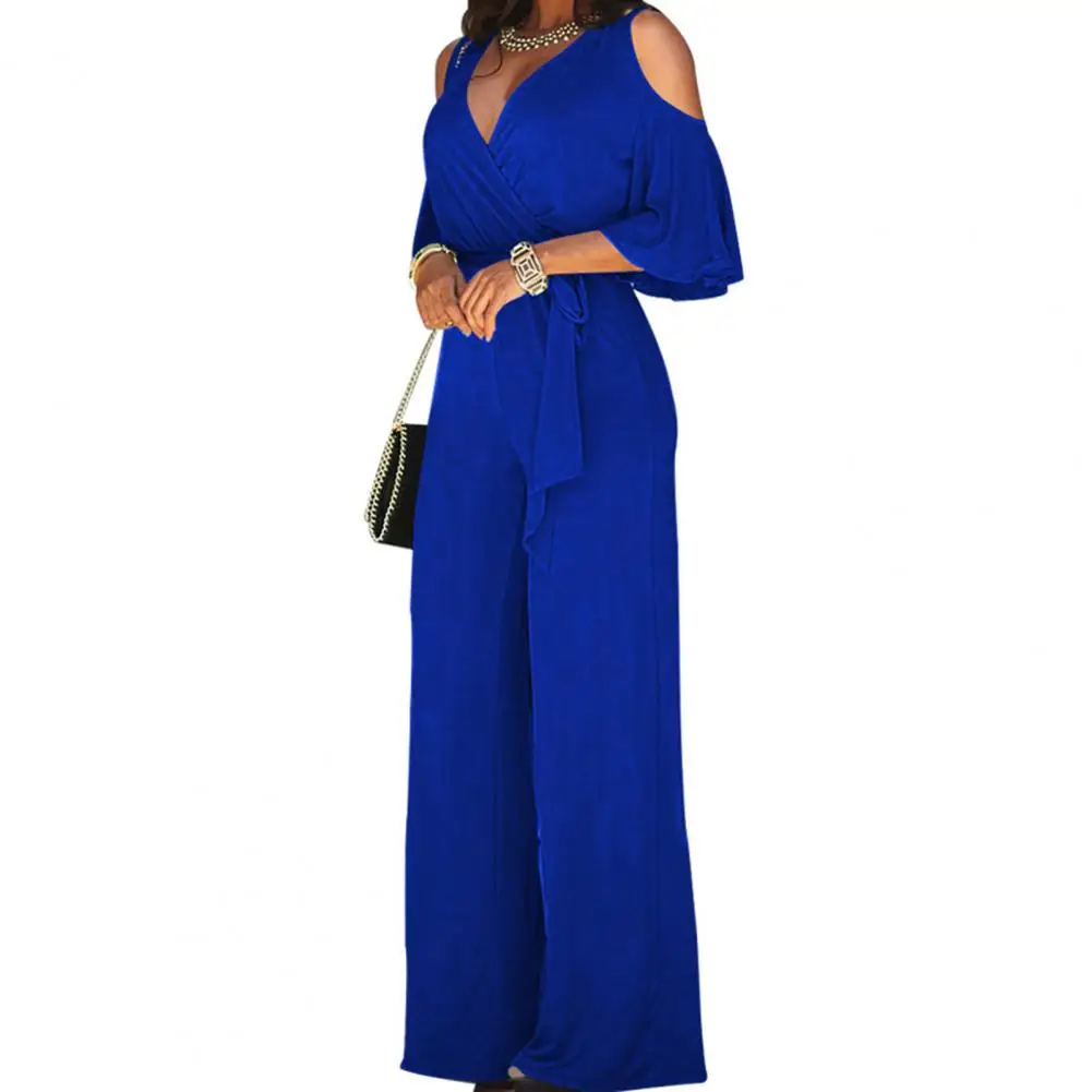 Loose Women Summer Jumpsuit Off Shoulder Hollow Out High Waist Wide Leg Pants Deep Crotch Jumpsuit Elegant