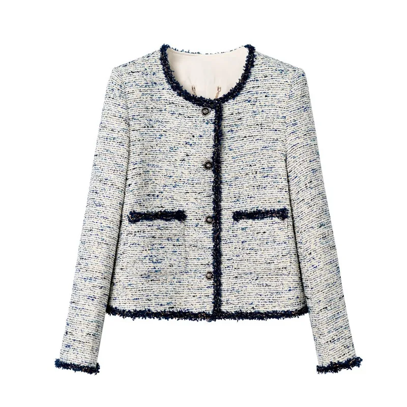 

French High Quality Luxury Small Fragrance Jacket Women Fashion Round Neck Contrast Office Long Sleeve Elegant Tweed Jacket