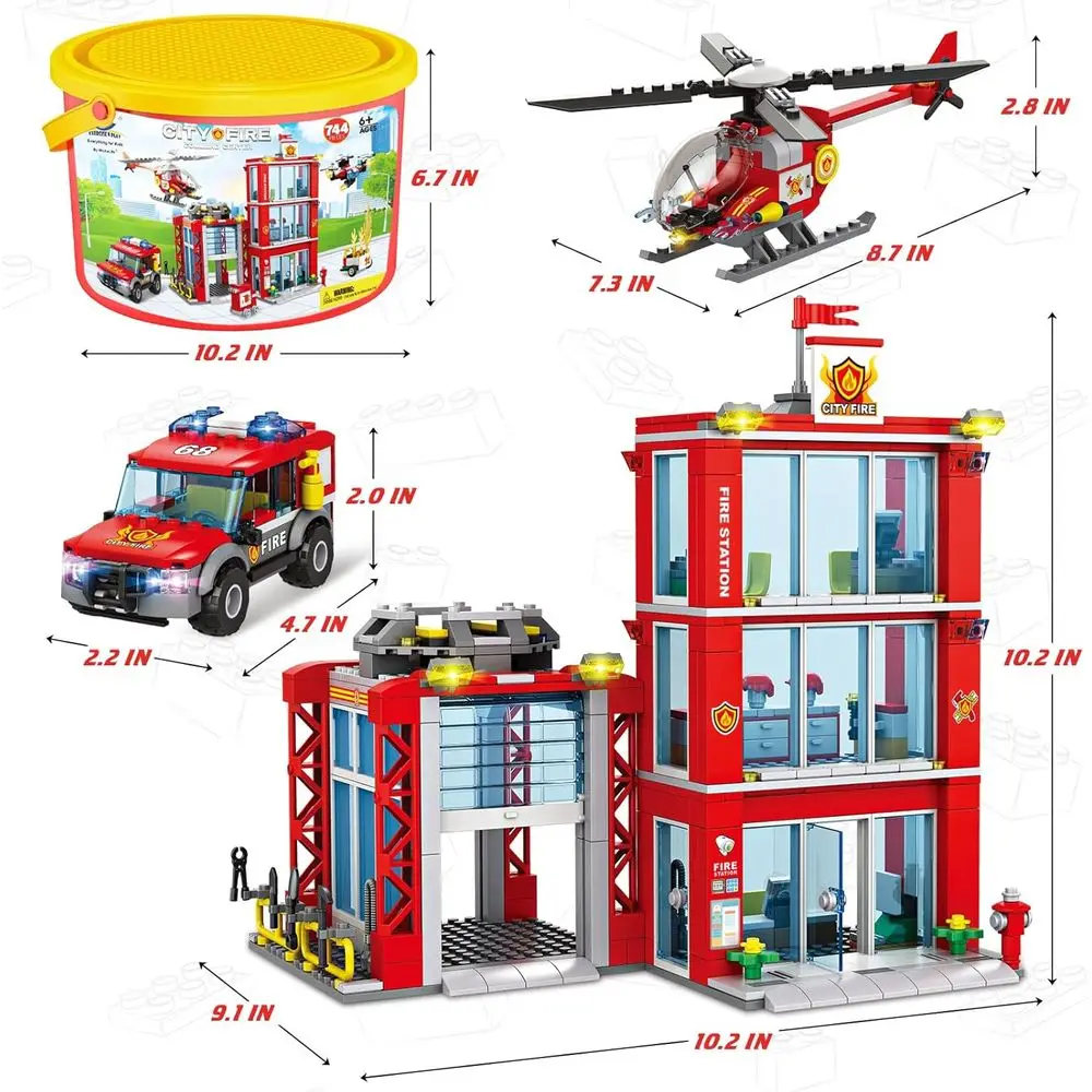 Juego de bomberos con camión de bomberos, helicóptero, drones y motor para niños mayores de 6 años (744 piezas)