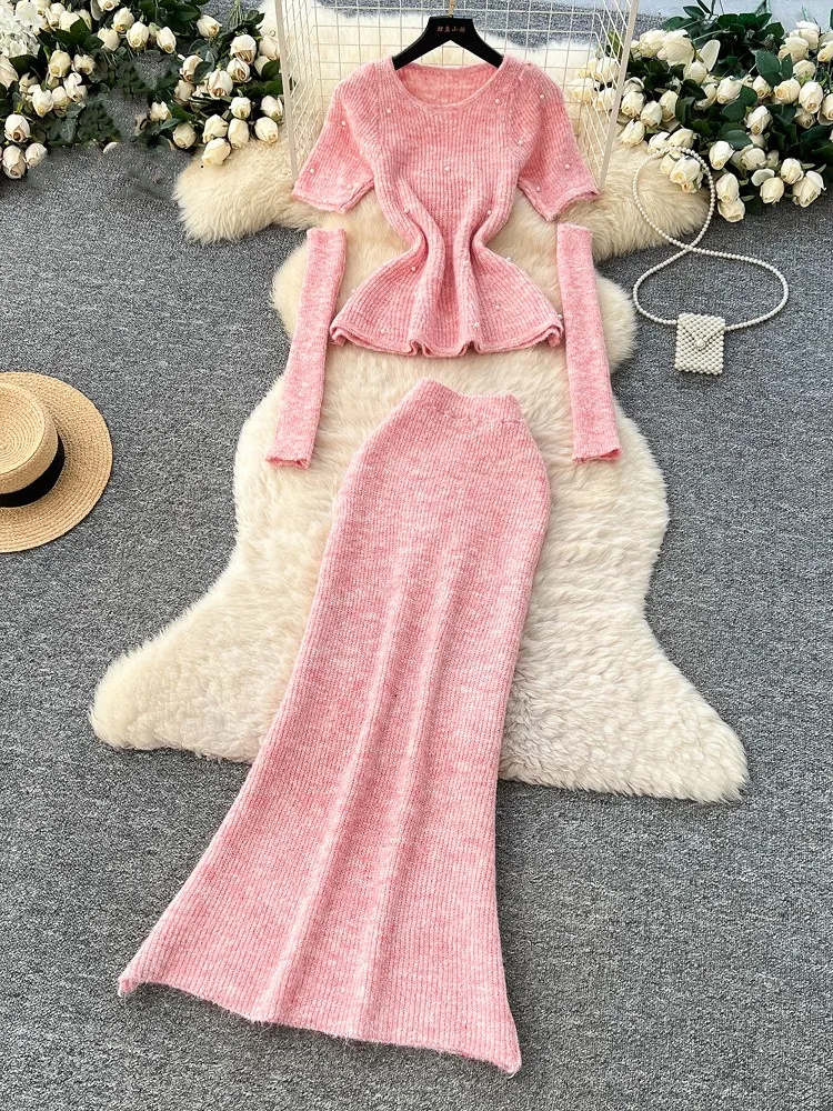 Setelan Sweater Kasmir Streetwear Wanita dengan Hiasan Manik-Manik, Atasan Rajut Oversleeve + Rok Panjang Elastis, Set Rajut Mutiara костюм