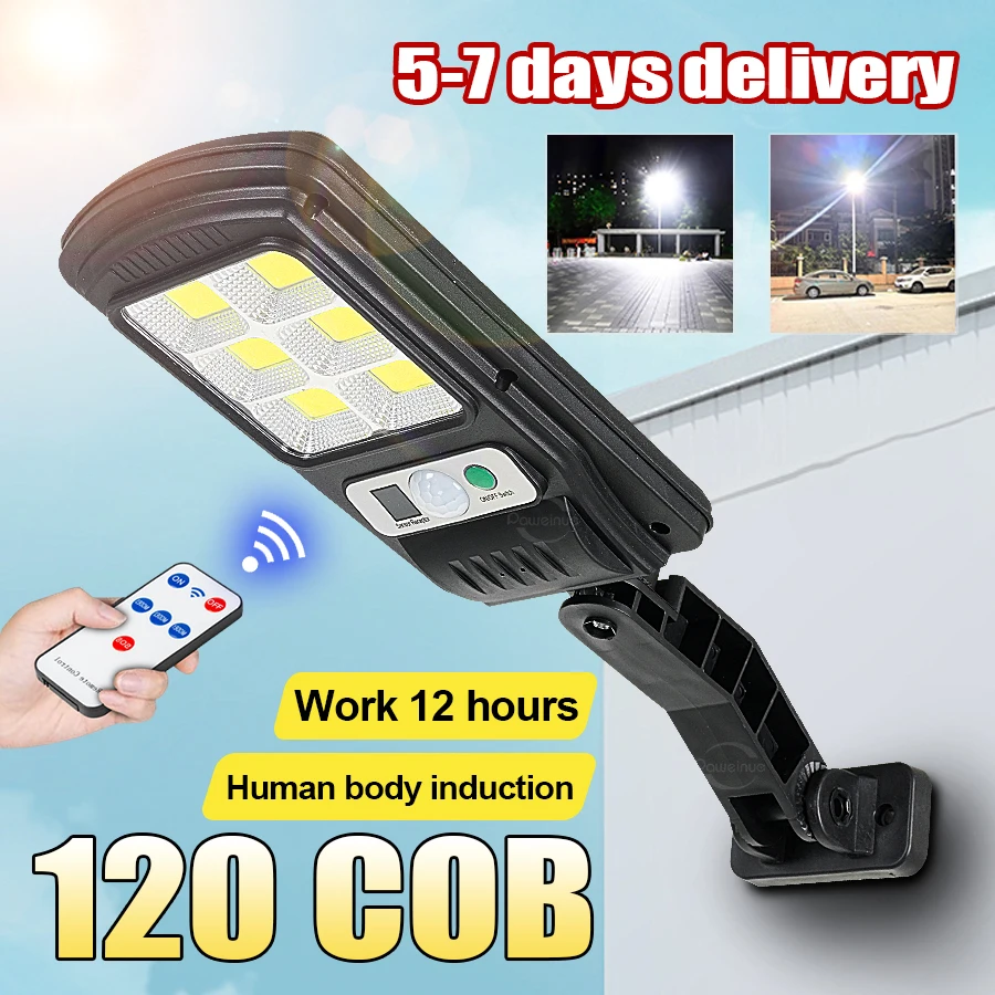 

120COB Use 12h Solar Lights Outdoor External Solar Lamp with Motion Sensor 8m Remote Control Waterproof Garden Wall Street Light