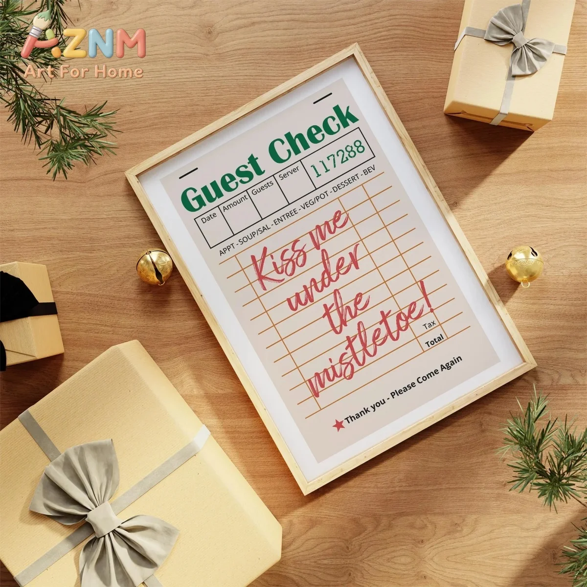 AZNM Frameless 2D Flat North‑Pole Ticket Merry Christmas Mistletoe Guest Check Canvas Print, Reusable Retro Trendy European Holi
