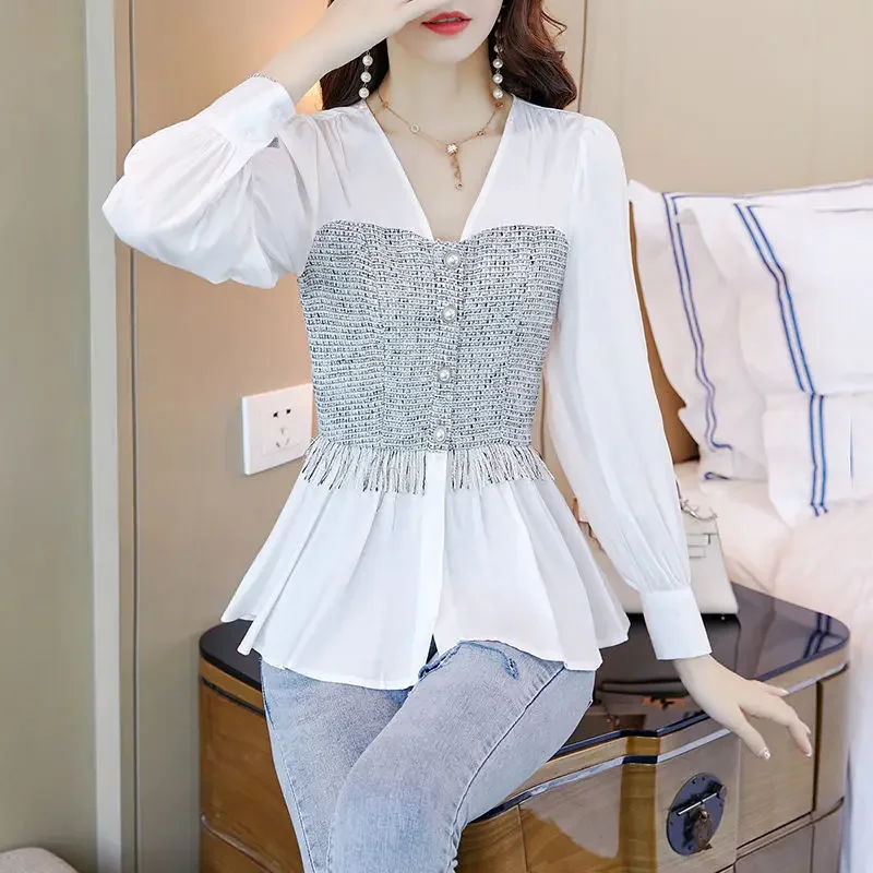 Camisa branca de chiffon com decote em v feminina, blusa de manga comprida, bainha, estilo Harajuku, coreana, nova, primavera e outono, 2021