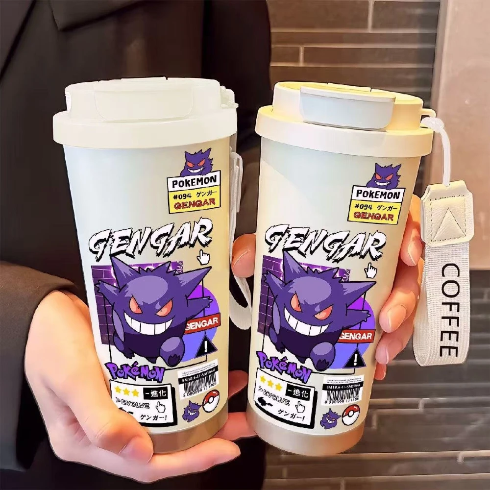 MINISO بوكيمون Gengar كوب بقشة زجاجة ماء للأطفال الإبداعية المحمولة زجاجة رياضية كوب قارورة عازلة هدايا عيد الميلاد للأطفال