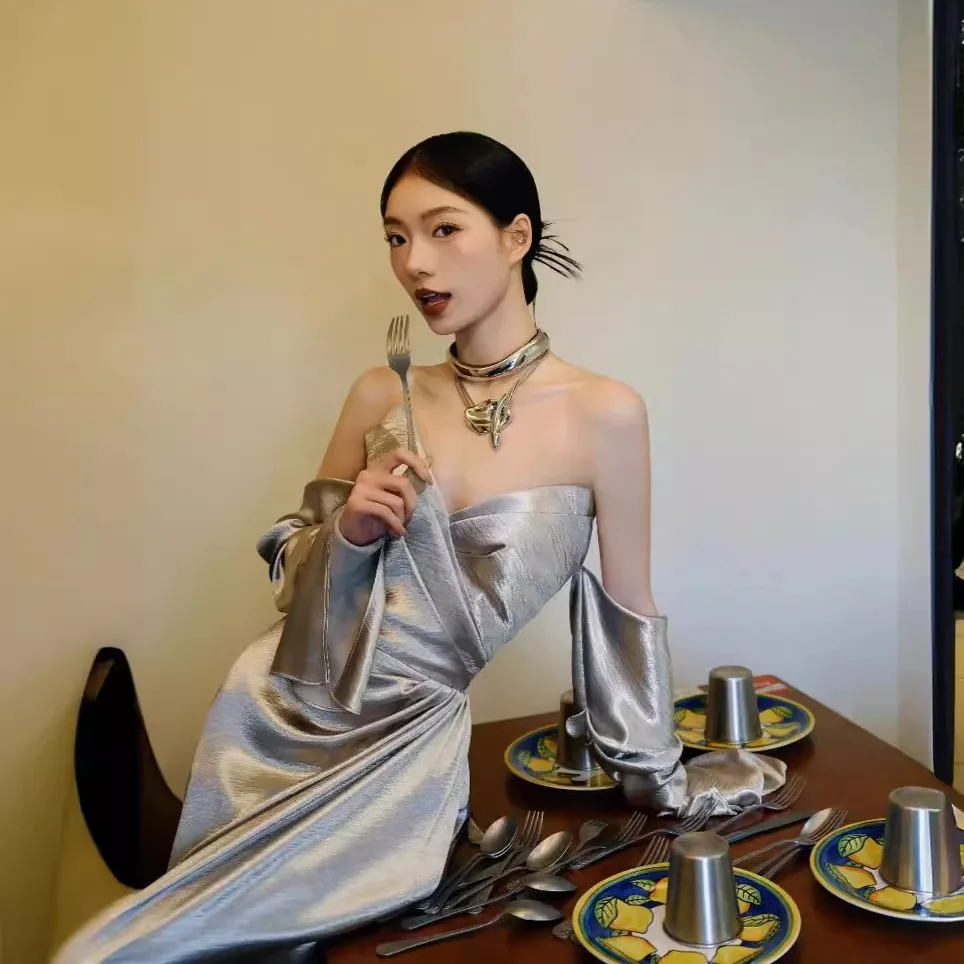 

Morning Gowns Female Toast Dress Engagement Adult Ceremony Birthday Shirt Silver Satin French Light Evening