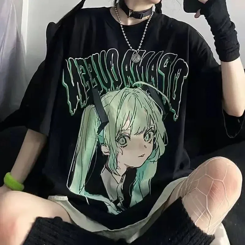 Anime Black Casual Women T-shirts Harajuku Cartoon Gothic Girl Print Y2k Tops Korean Loose Short Sleeved T Shirt Female