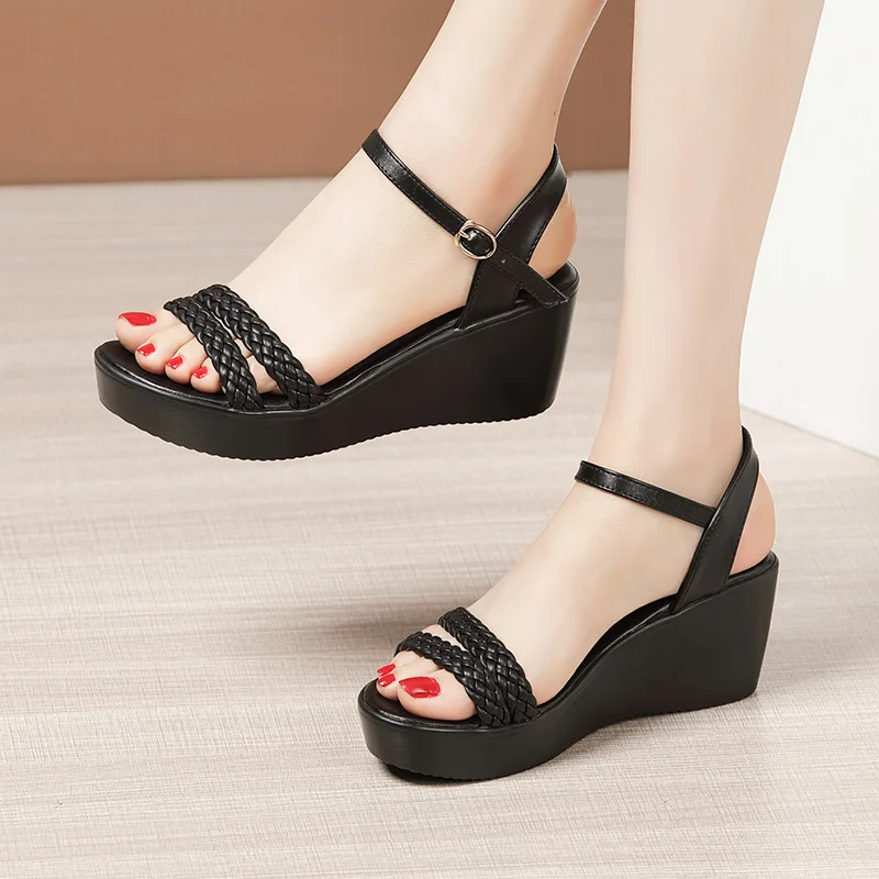 High quality summer wedge sandals for women 6cm mid heels new 2024 size 32 33 42 43 platform open toe elegant shoe white black